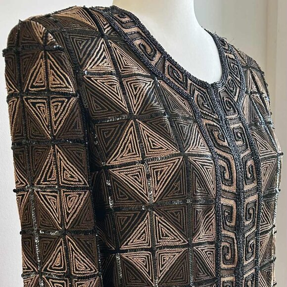 Hand-Beaded Black & Bronze Silk Geometric Jacket w/ Greek Key Borders – US XS/S - Picture 1 of 10